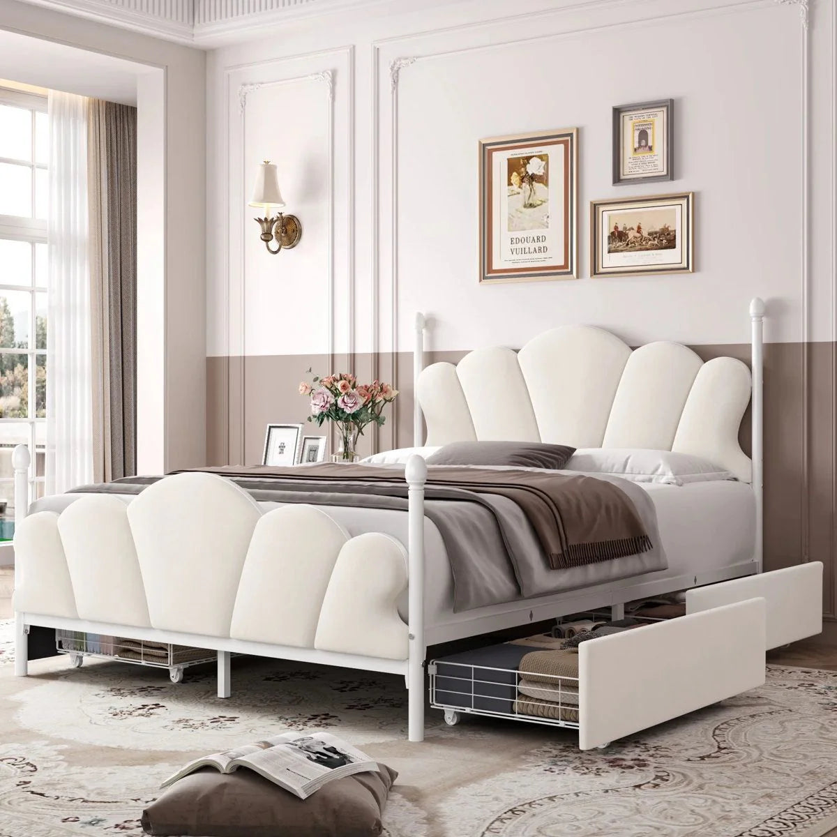 Velvet Upholstered Full-Size Bed Frame with 4 Storage Drawers, Cloud-Shaped Headboard, Sturdy Metal Slat Support, No Box Spring Required, Beige