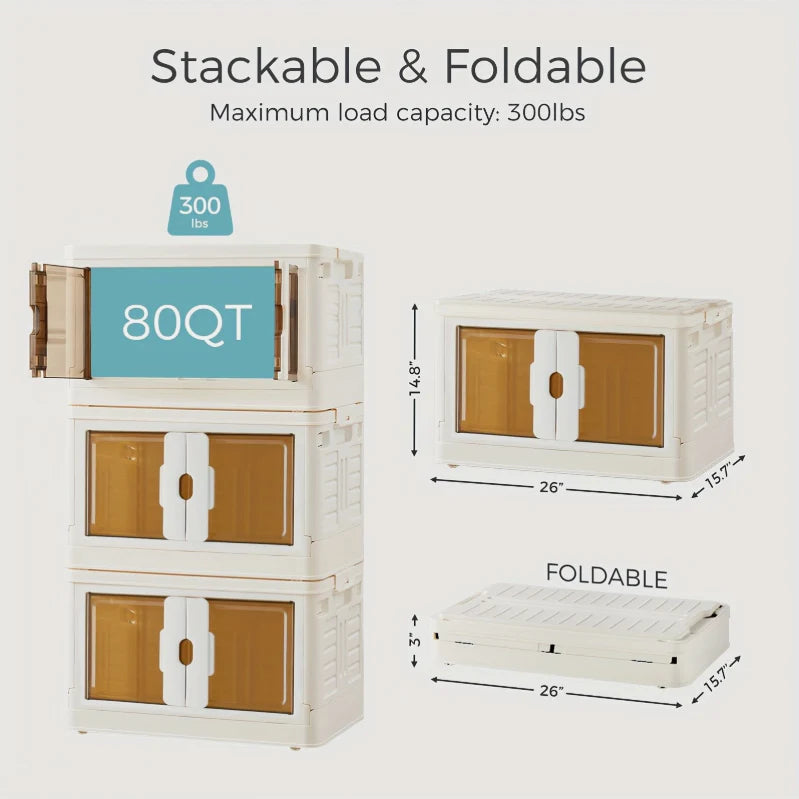3-Tier Stackable Plastic Storage Bins With Lids Foldable Storage Boxes With Doors &amp; Wheels 80QT/ 76L
