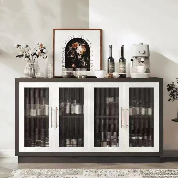Wooden 55.1"W Modern Sideboard Buffet with Fluted Glass Doors, Accent Cabinet Console Table TV Stand, Brown & White