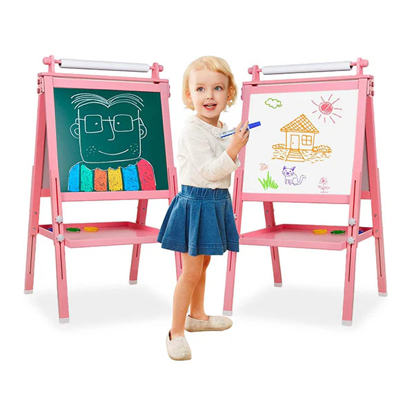 Easel for Kids, 3 in 1 Kids Easel Double-Sided Whiteboard & Chalkboard Drawing Board with Drawing Axis & Paper Roll, Numbers, Paint Cups for Toddlers and Kids (Pink)