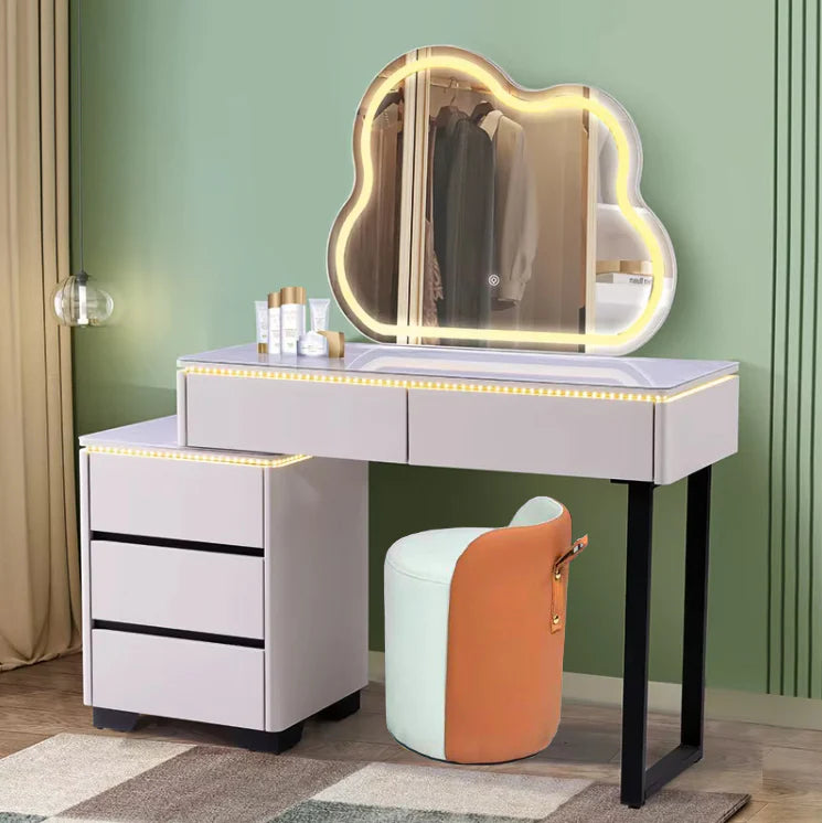 Modern Luxury Makeup Dresser with Cloud shape Mirror, 3 Drawer Glass Top Vanity Dresser and Stool with with 3 Color Tone Led Light for Bedroom or Living Room (Light Grey)