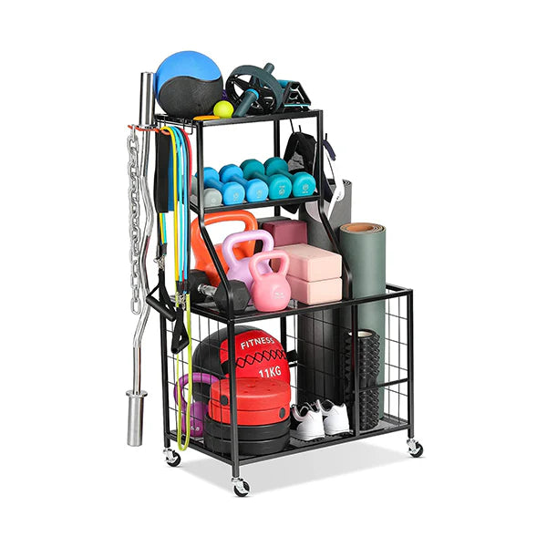 All-in-One Sports & Gym Storage Rack, Yoga Mat Storage Rack Workout Equipment Storage Rack for Dumbbells Kettlebell Resistance Band, Exercise Equipment Gym Rack Organizer with Wheel and Levelling Feet