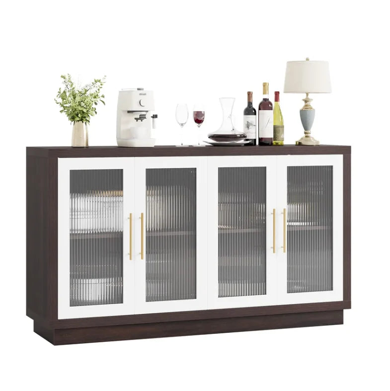 Wooden 55.1"W Modern Sideboard Buffet with Fluted Glass Doors, Accent Cabinet Console Table TV Stand, Brown & White