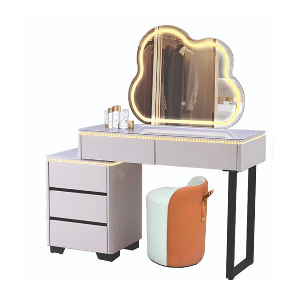 Modern Luxury Makeup Dresser with Cloud shape Mirror, 3 Drawer Glass Top Vanity Dresser and Stool with with 3 Color Tone Led Light for Bedroom or Living Room (Light Grey)