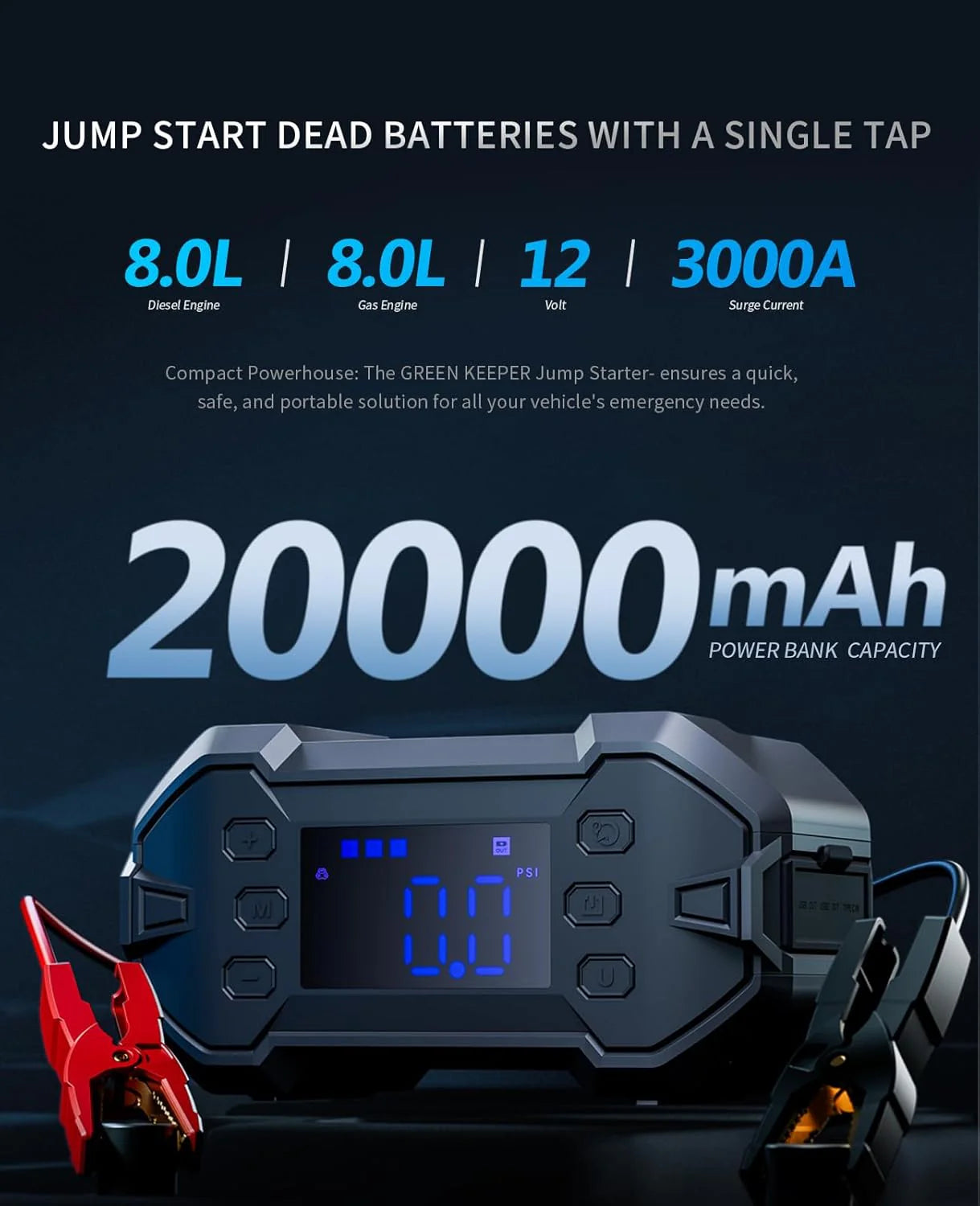 Portable 3000A Car Jump Starter with Air Compressor, 12V Battery Booster for Up to 8.0L Gas & Diesel Engines, Power Bank & Charger, All-Weather Use