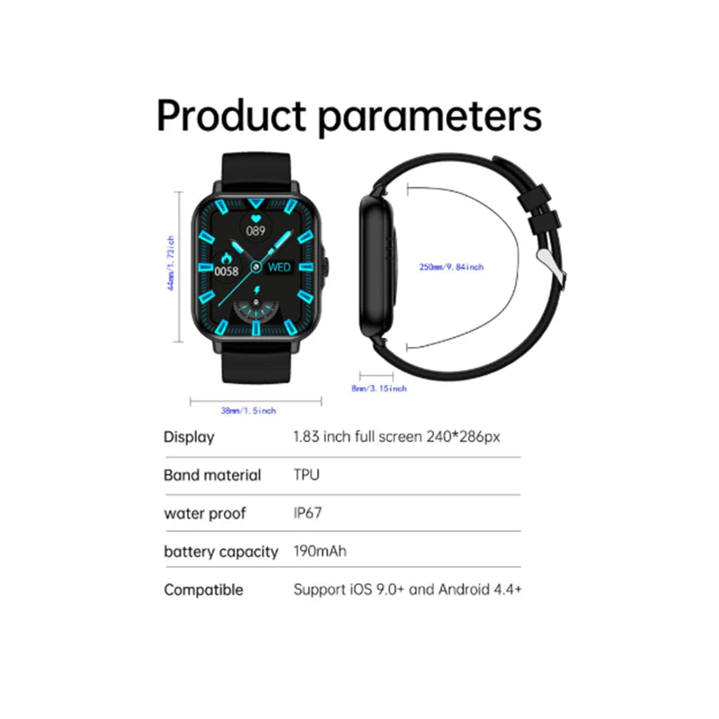 Smart Watch with Bluetooth Calling (Receive & Dial) For Unisex– Latest 1.83" TFT HD Touch Screen, Compatible with Android and iPhone, Fitness Tracker with Text Notifications, Heart Rate Monitor, AI Voice Assistant, Blood Pressure and Sleep Tracking