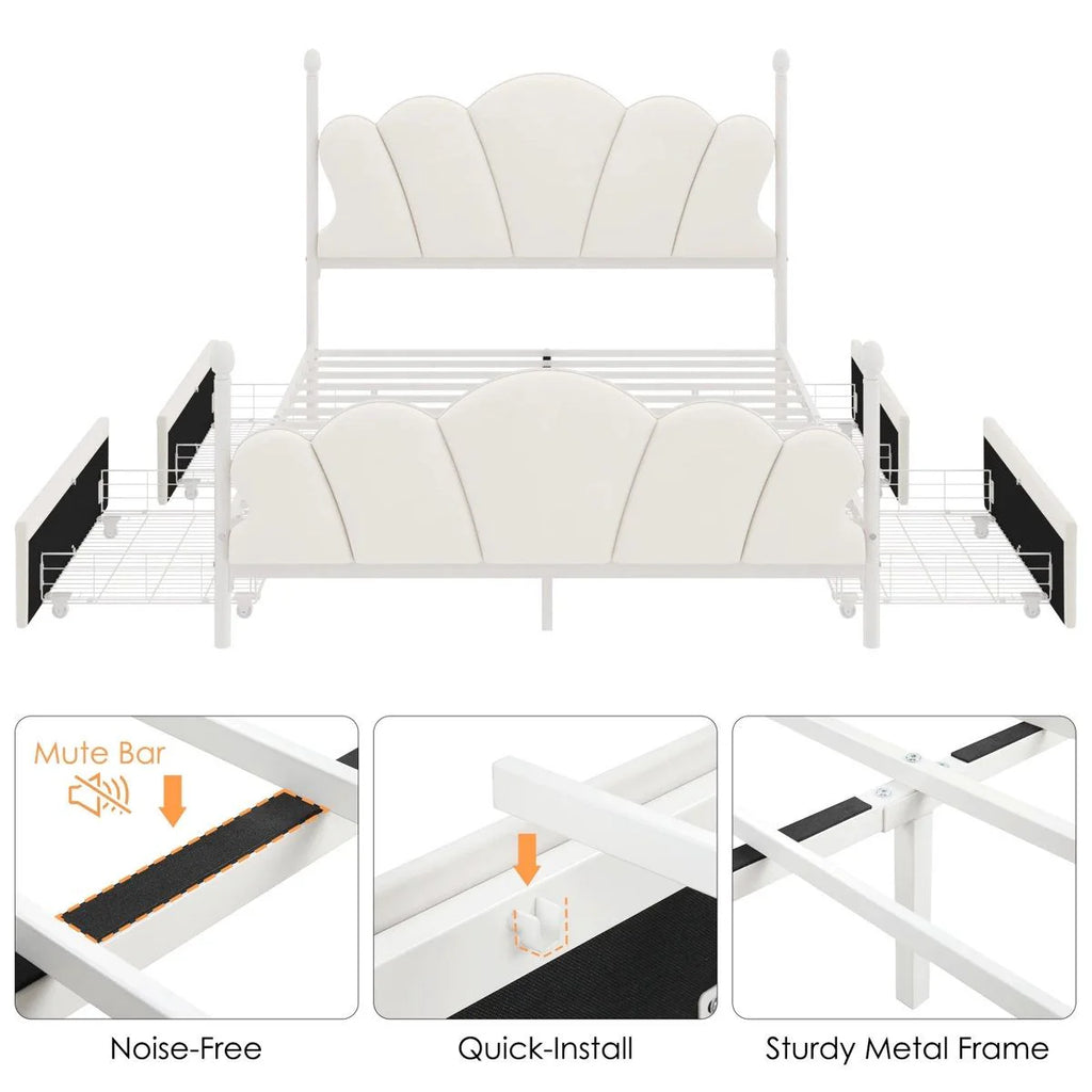 Velvet Upholstered Full-Size Bed Frame with 4 Storage Drawers, Cloud-Shaped Headboard, Sturdy Metal Slat Support, No Box Spring Required, Beige