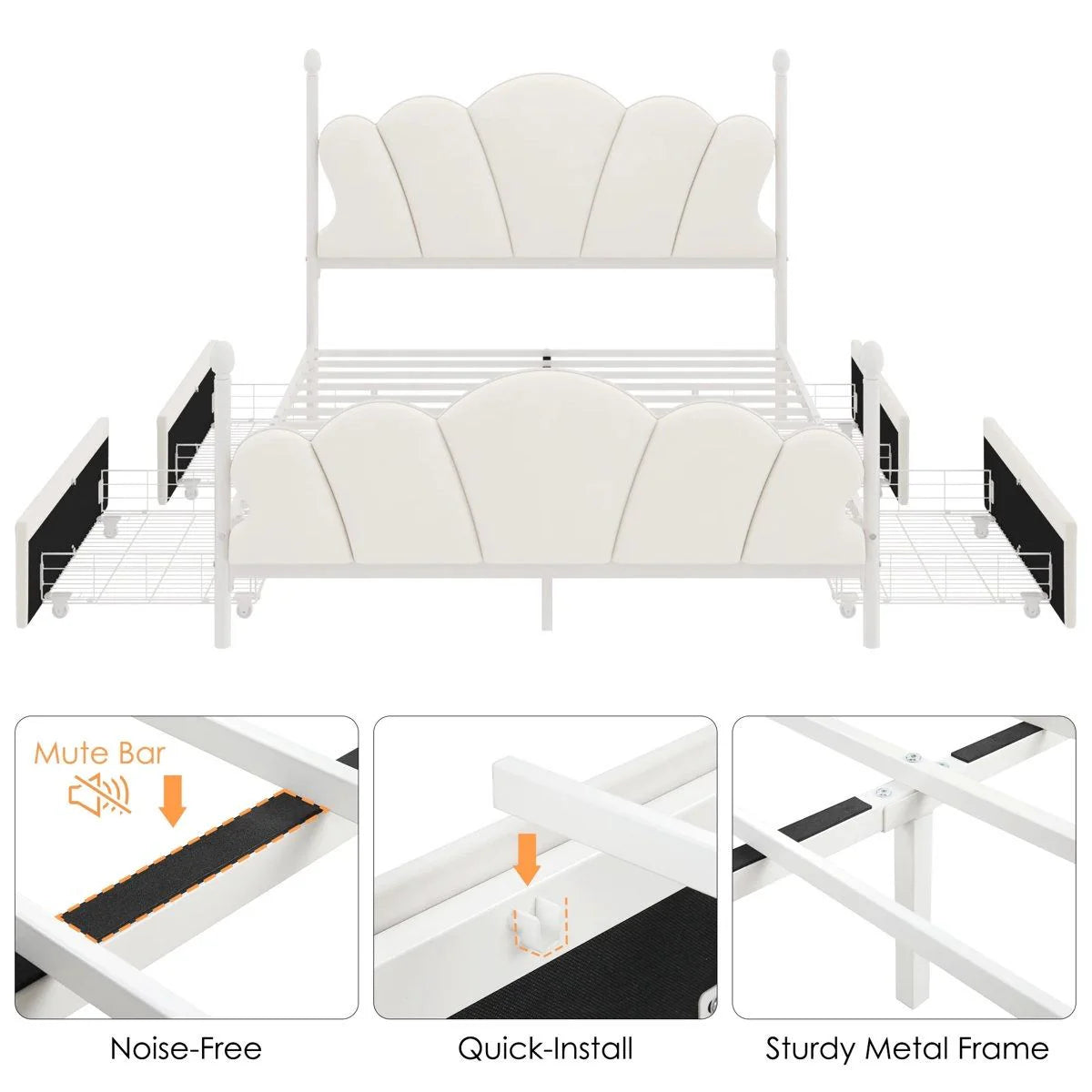 Velvet Upholstered Full-Size Bed Frame with 4 Storage Drawers, Cloud-Shaped Headboard, Sturdy Metal Slat Support, No Box Spring Required, Beige