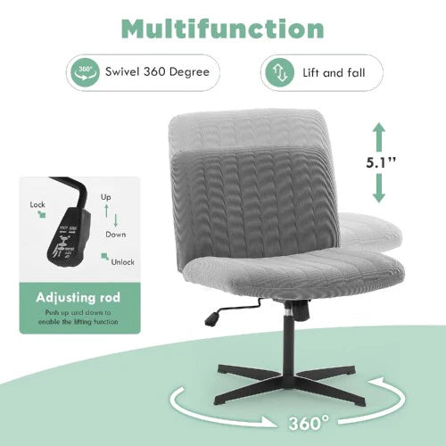 Criss Cross Office Chair, Wide Armless Adjustable Swivel Chair, Velvet Upholstery, Stationary Base, No Wheels, Ideal for Home or Office
