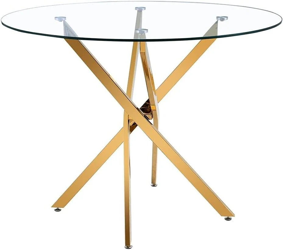 Modern Round Glass Dining Table with Gold Metal Star Base – Clear Tempered Top for Dining or Coffee Spaces, Ideal for 2–4 People