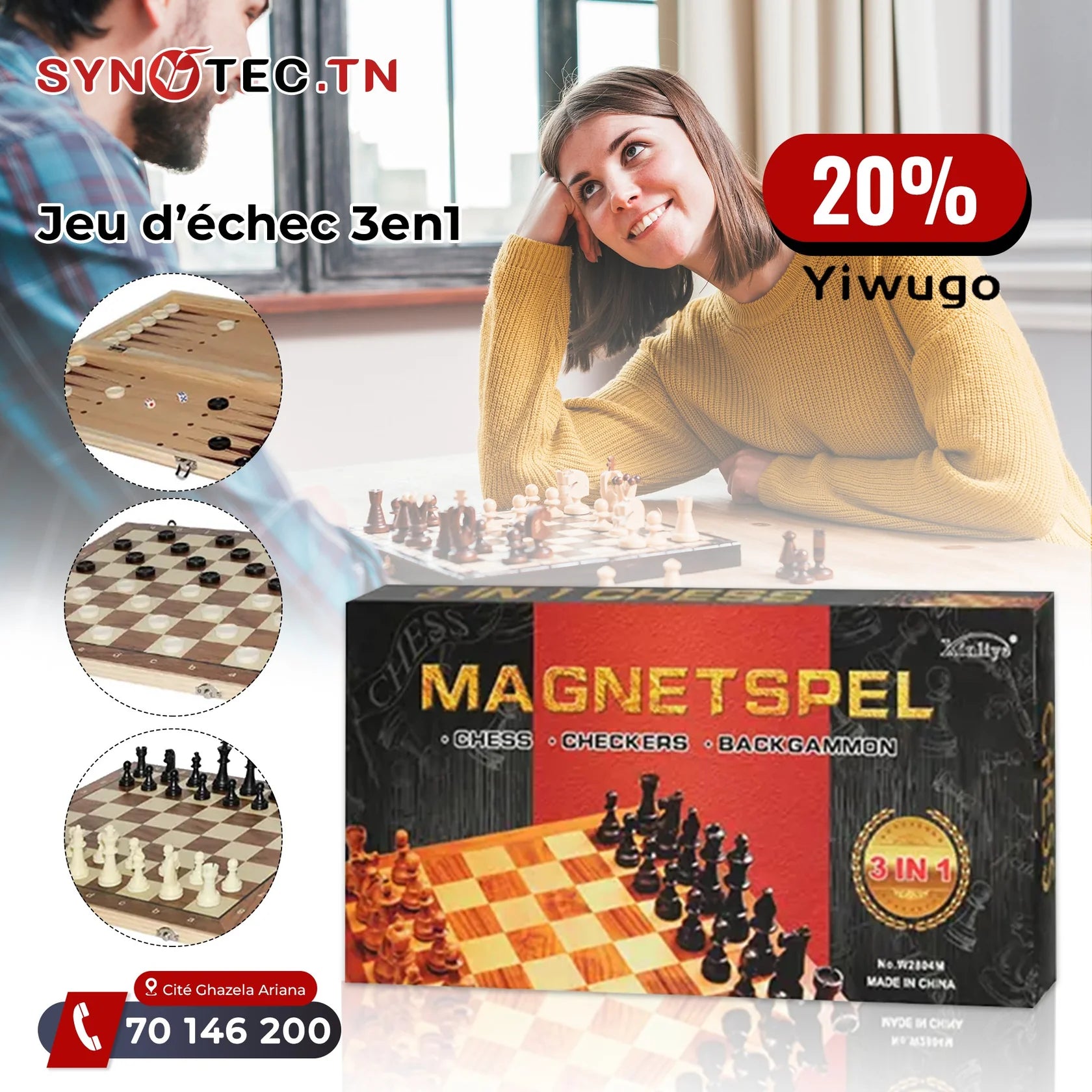 Travel Chess Set for Kids & Adults, 3-in-1 Chess and Checkers Set, 15'' Portable Board Game, Wooden Strategy Board Game Toy Gift for Kids Friends