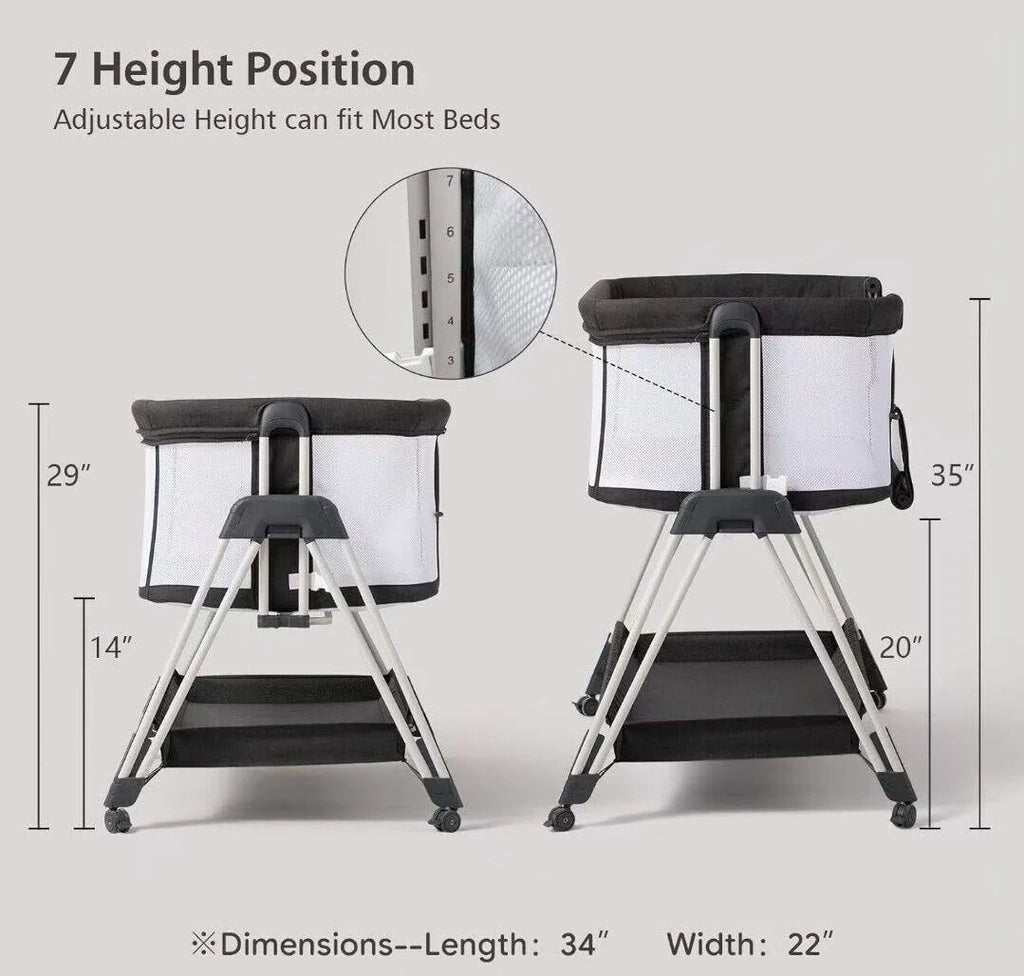 Baby Bassinet Bedside Sleeper with Wheels, Storage Tray, 4-Sided Mesh, 7-Height Adjustable, Easy-Fold Crib for Newborns