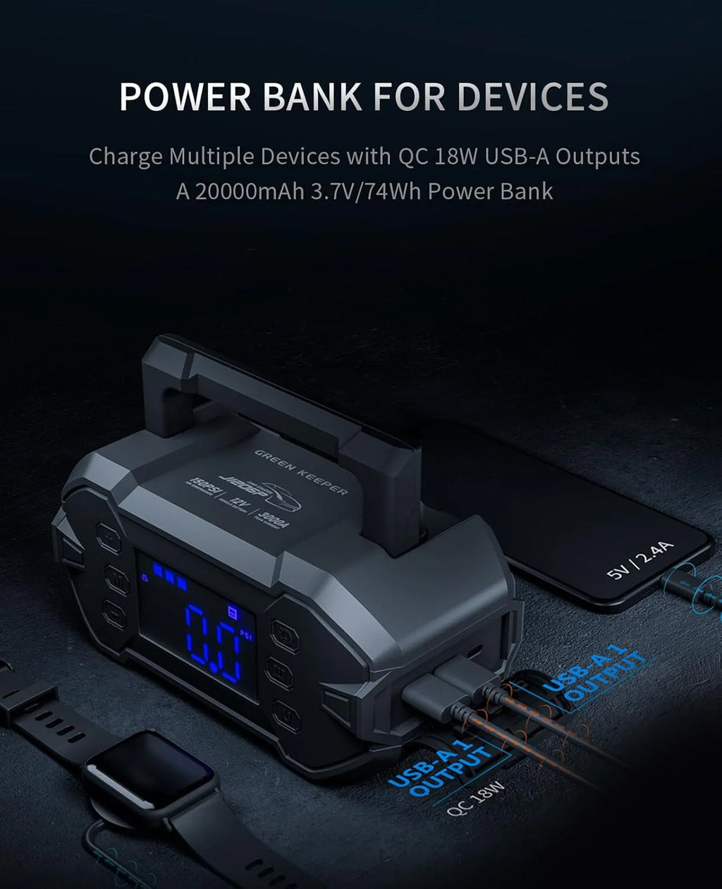 Portable 3000A Car Jump Starter with Air Compressor, 12V Battery Booster for Up to 8.0L Gas & Diesel Engines, Power Bank & Charger, All-Weather Use