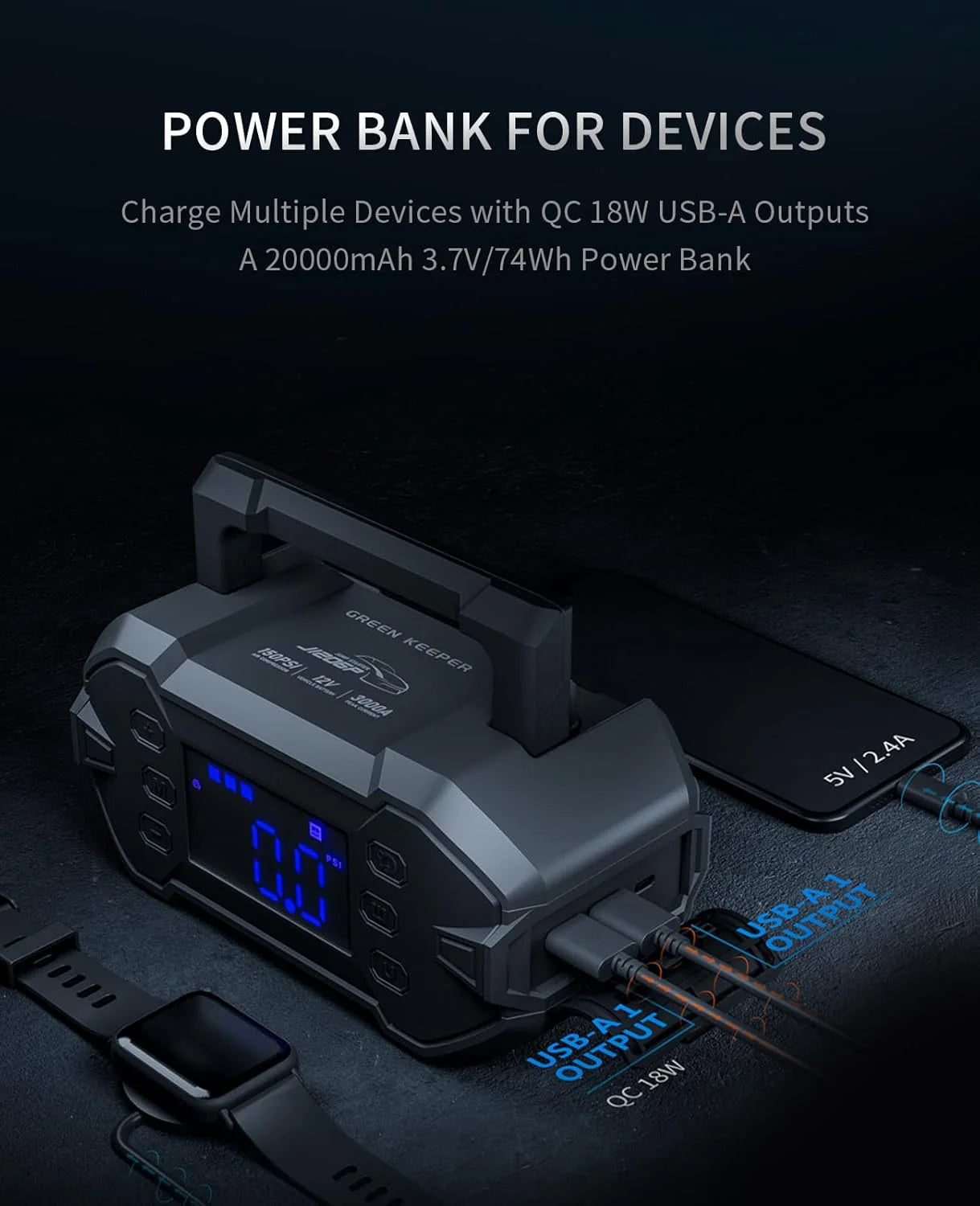 Portable 3000A Car Jump Starter with Air Compressor, 12V Battery Booster for Up to 8.0L Gas & Diesel Engines, Power Bank & Charger, All-Weather Use