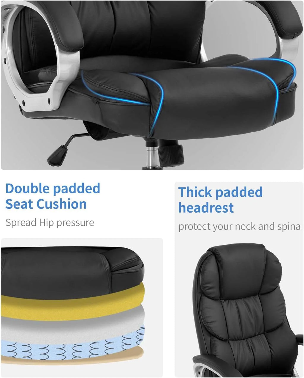 Premium Office Chair Computer High Back Adjustable Ergonomic Desk Chair Executive PU Leather Swivel Task Chair with Armrests Lumbar Support (Black)