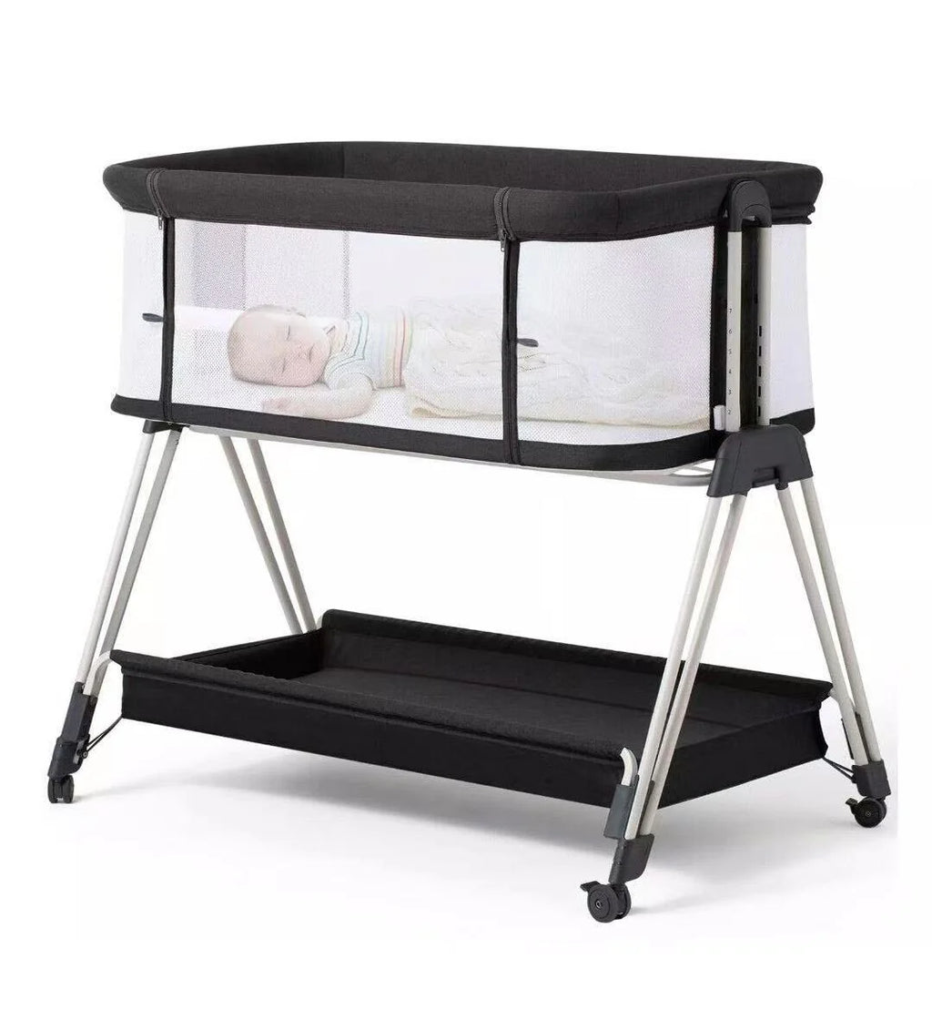 Baby Bassinet Bedside Sleeper with Wheels, Storage Tray, 4-Sided Mesh, 7-Height Adjustable, Easy-Fold Crib for Newborns