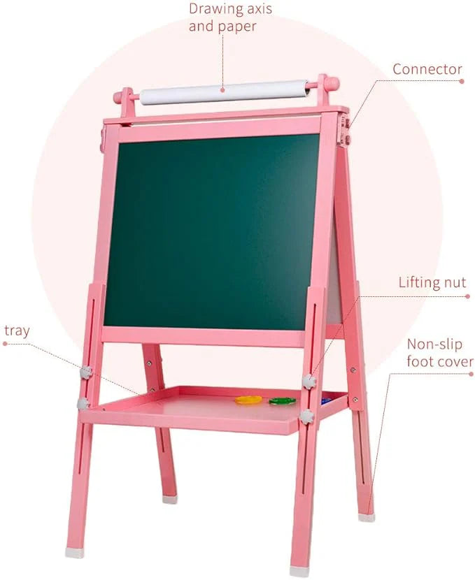 Easel for Kids, 3 in 1 Kids Easel Double-Sided Whiteboard & Chalkboard Drawing Board with Drawing Axis & Paper Roll, Numbers, Paint Cups for Toddlers and Kids (Pink)