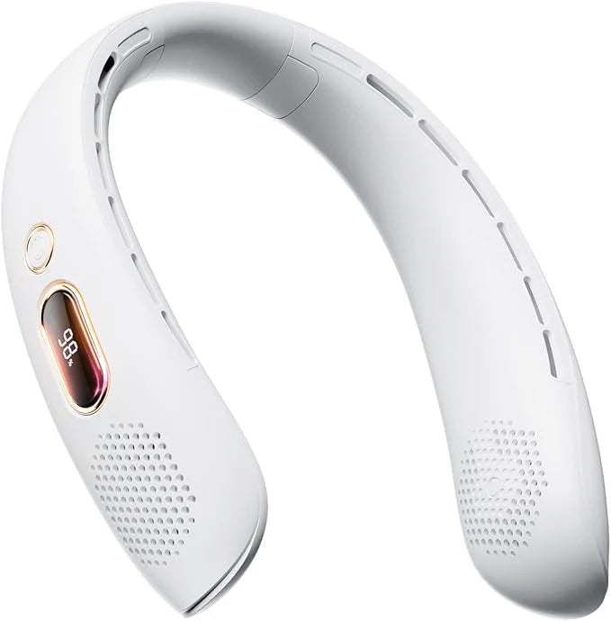 Portable Neck Fan with LED Display, 3 Speeds, 4000mAh Rechargeable Battery, Low Noise, Hands-Free Cooling for Travel, Work, Indoor & Outdoor (White)