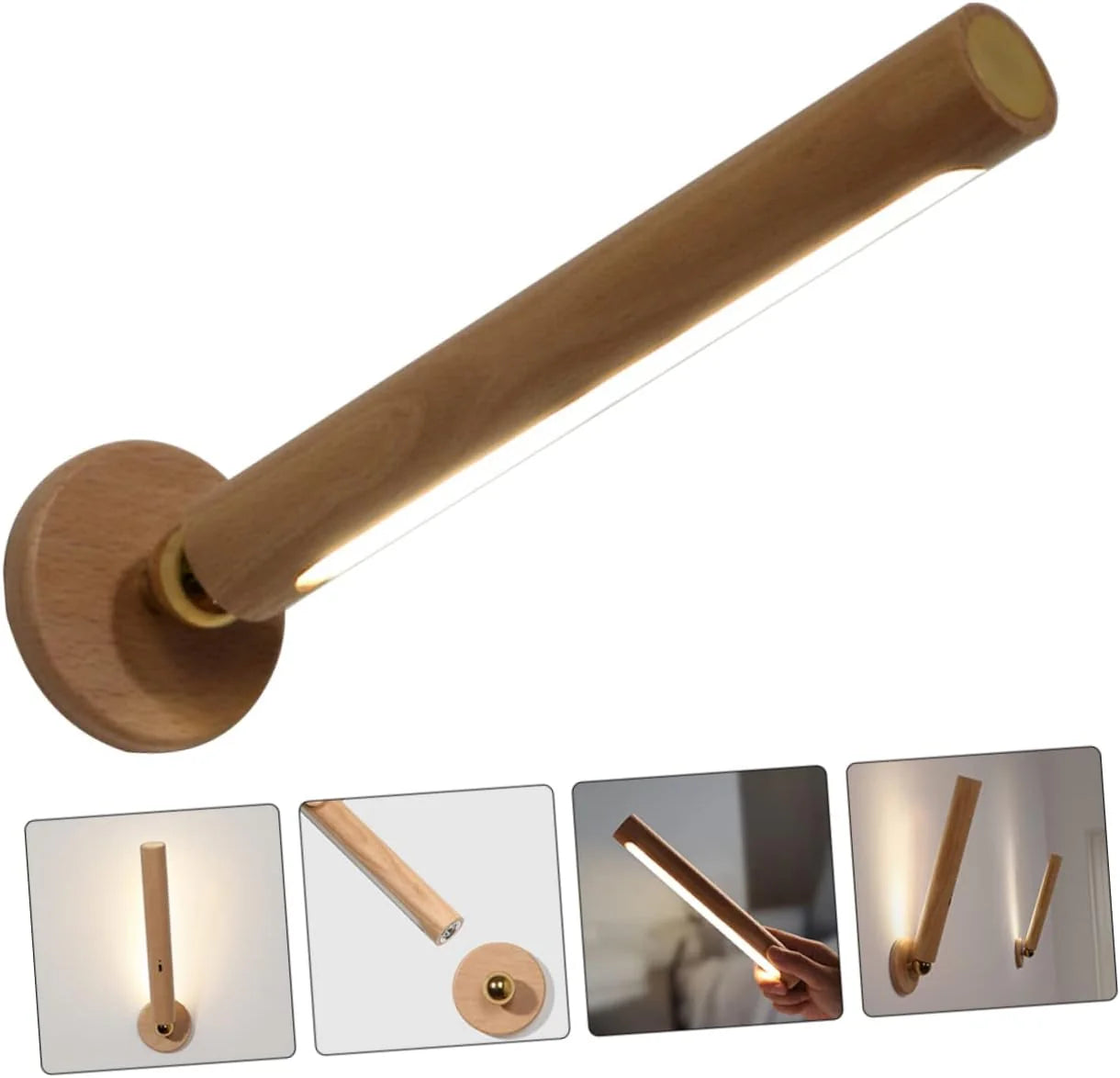 2pcs Rotatable Wooden Led Wall Lamp Magnetic USB Rechargeable Wall Sconces Battery Operated Led Night Light for Household (Beech Wood)