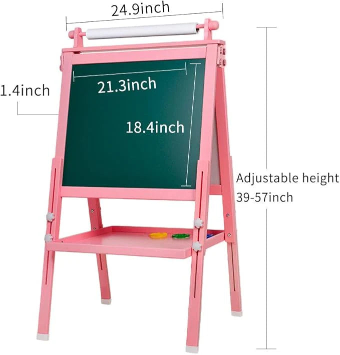 Easel for Kids, 3 in 1 Kids Easel Double-Sided Whiteboard & Chalkboard Drawing Board with Drawing Axis & Paper Roll, Numbers, Paint Cups for Toddlers and Kids (Pink)