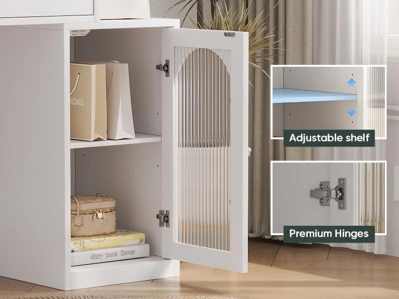 Modern White Makeup Table Desk with Stool and 360° Rotating LED Mirror with 3 LED Light Modes and Elegant Striped Glass Doors