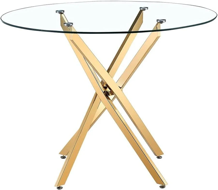 Modern Round Glass Dining Table with Gold Metal Star Base – Clear Tempered Top for Dining or Coffee Spaces, Ideal for 2–4 People
