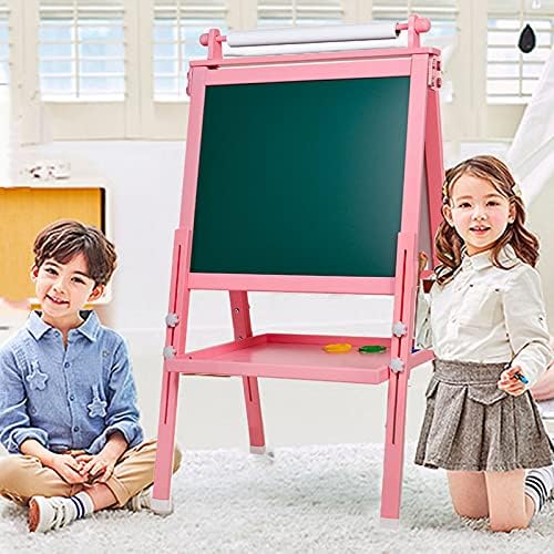 Easel for Kids, 3 in 1 Kids Easel Double-Sided Whiteboard & Chalkboard Drawing Board with Drawing Axis & Paper Roll, Numbers, Paint Cups for Toddlers and Kids (Pink)