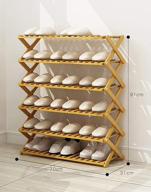 6 Tier Foldable Shoe Rack Organizer, Bamboo Shoe Rack Shoe Storage, Install Free Shoe Shelf for Entryway, Garage & Hallway