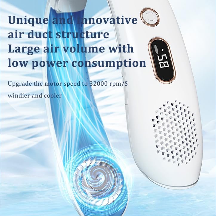 Portable Neck Fan with LED Display, 3 Speeds, 4000mAh Rechargeable Battery, Low Noise, Hands-Free Cooling for Travel, Work, Indoor & Outdoor (White)