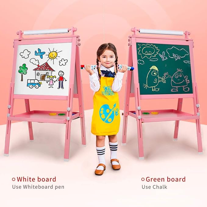 Easel for Kids, 3 in 1 Kids Easel Double-Sided Whiteboard & Chalkboard Drawing Board with Drawing Axis & Paper Roll, Numbers, Paint Cups for Toddlers and Kids (Pink)