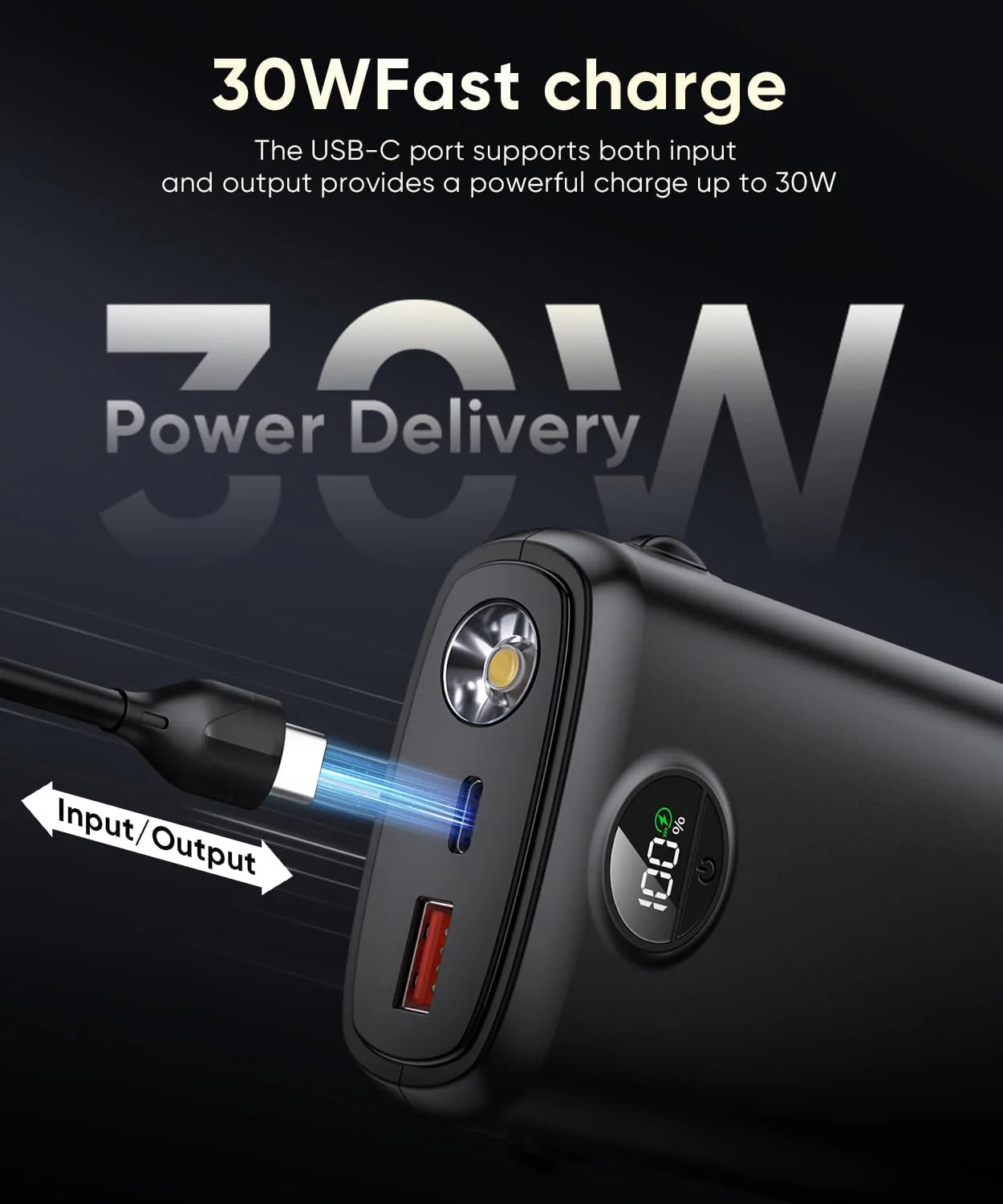 Portable Charger with Built in Cable Power Bank 40000mAh PD 30W Fast Charger Battery Pack Built-in Type-C/iOS Cable and Flashlight for iPhone Samsung Google iPad or Android Phone