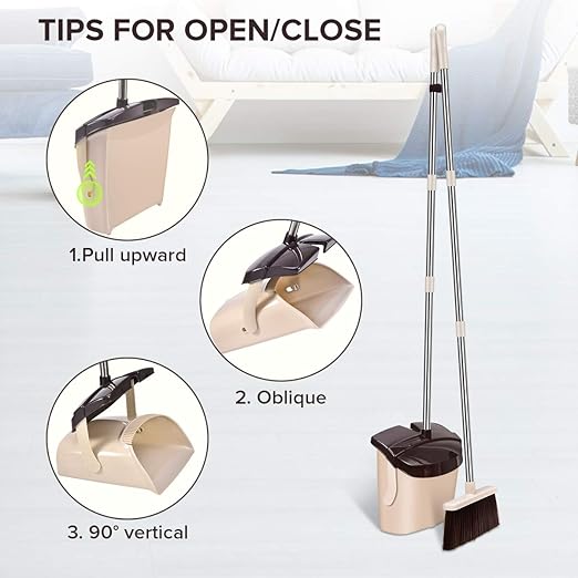 Mosuch Broom and Dustpan Set Extendable Long Handle Brooms Upright Standing Dustpans Lightweight Stainless Self-Clean Soft Broom Combo for Home Indoor Kitchen Lobby Office Living Room