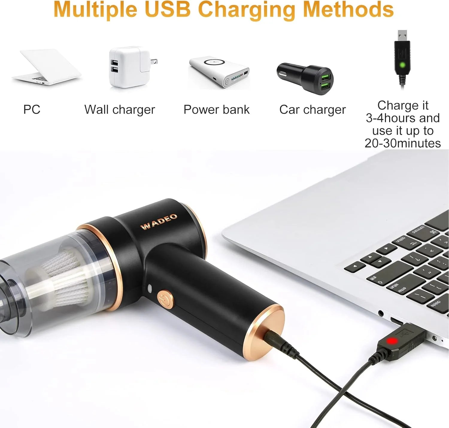 WADEO Handheld Vacuum Cleaner Cordless, Car Vacuum Cleaner Cleaner 9000Pa USB Rechargeable, Mini Vacuum Cleaner, Wet Dry Vacuum Cleaner for Home, Office, Pet Hair, Car, Keyboard, Makeup Bag