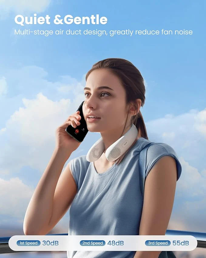 Portable Neck Fan with LED Display, 3 Speeds, 4000mAh Rechargeable Battery, Low Noise, Hands-Free Cooling for Travel, Work, Indoor & Outdoor (White)