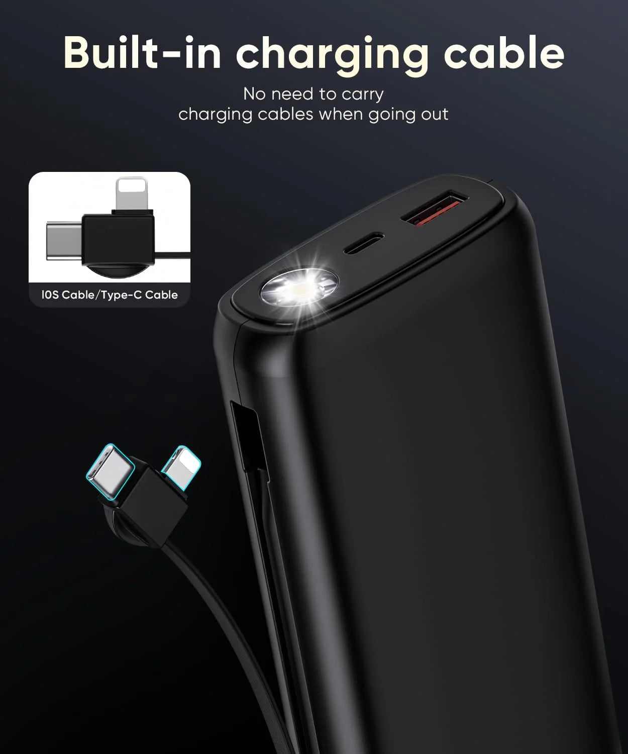 Portable Charger with Built in Cable Power Bank 40000mAh PD 30W Fast Charger Battery Pack Built-in Type-C/iOS Cable and Flashlight for iPhone Samsung Google iPad or Android Phone