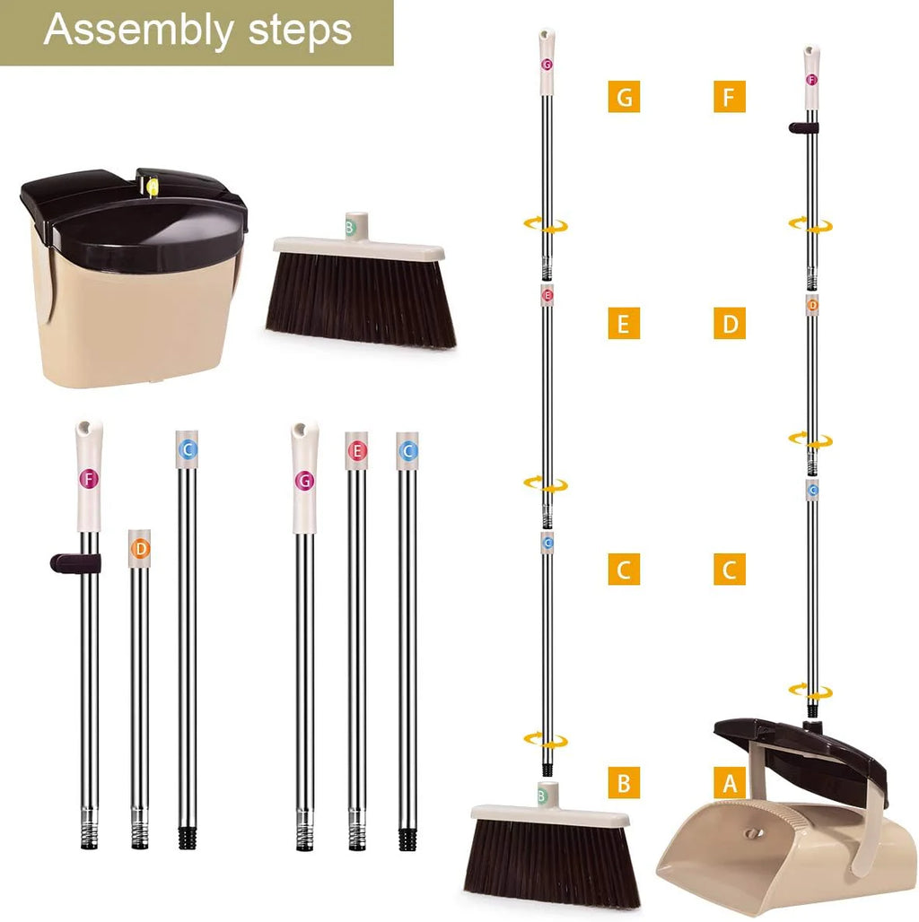 Mosuch Broom and Dustpan Set Extendable Long Handle Brooms Upright Standing Dustpans Lightweight Stainless Self-Clean Soft Broom Combo for Home Indoor Kitchen Lobby Office Living Room