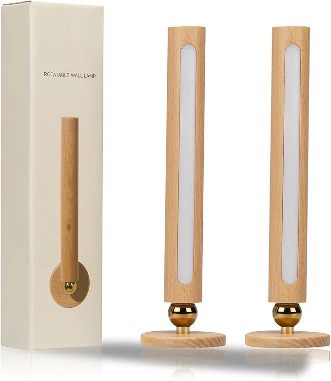 2pcs Rotatable Wooden Led Wall Lamp Magnetic USB Rechargeable Wall Sconces Battery Operated Led Night Light for Household (Beech Wood)
