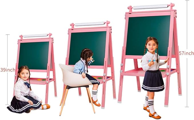 Easel for Kids, 3 in 1 Kids Easel Double-Sided Whiteboard & Chalkboard Drawing Board with Drawing Axis & Paper Roll, Numbers, Paint Cups for Toddlers and Kids (Pink)