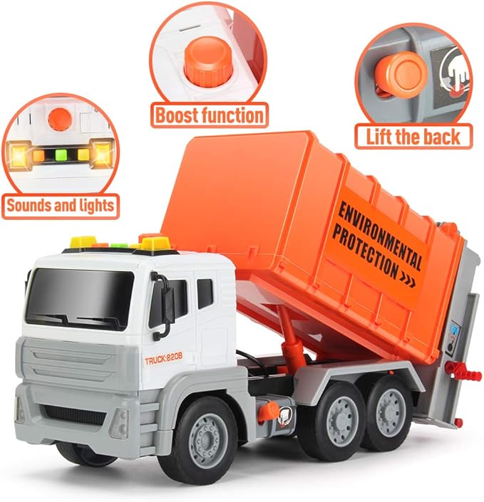 12" Garbage Truck Toys Trash Truck Dump Truck with 4 Garbage Cans, Friction Powered Truck with Sound and Light,Push and Go Pull Back Car for Boys