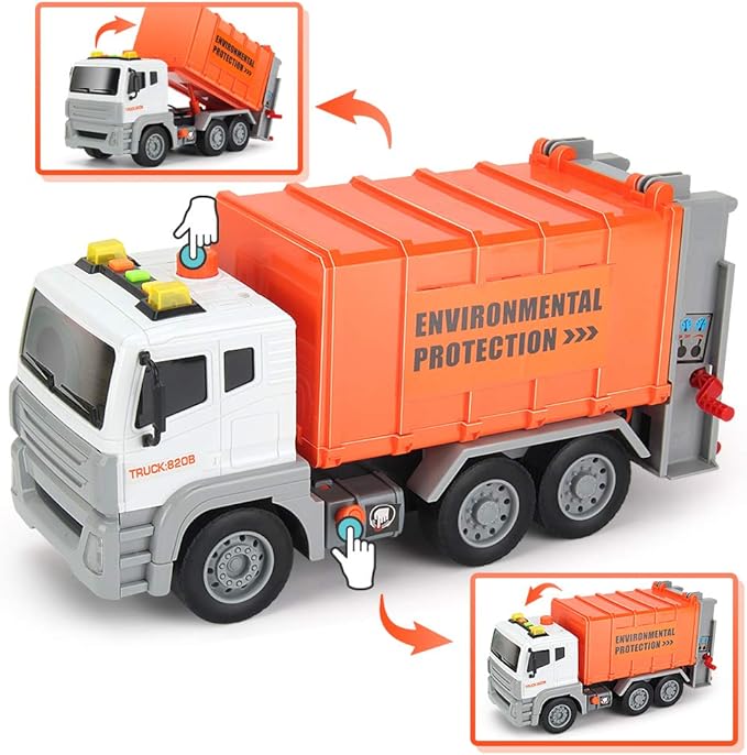 12" Garbage Truck Toys Trash Truck Dump Truck with 4 Garbage Cans, Friction Powered Truck with Sound and Light,Push and Go Pull Back Car for Boys