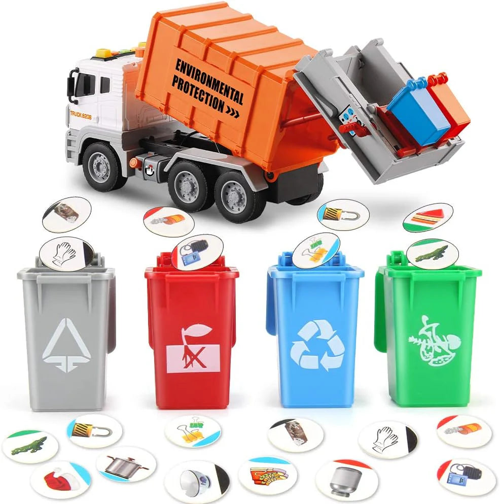 12" Garbage Truck Toys Trash Truck Dump Truck with 4 Garbage Cans, Friction Powered Truck with Sound and Light,Push and Go Pull Back Car for Boys