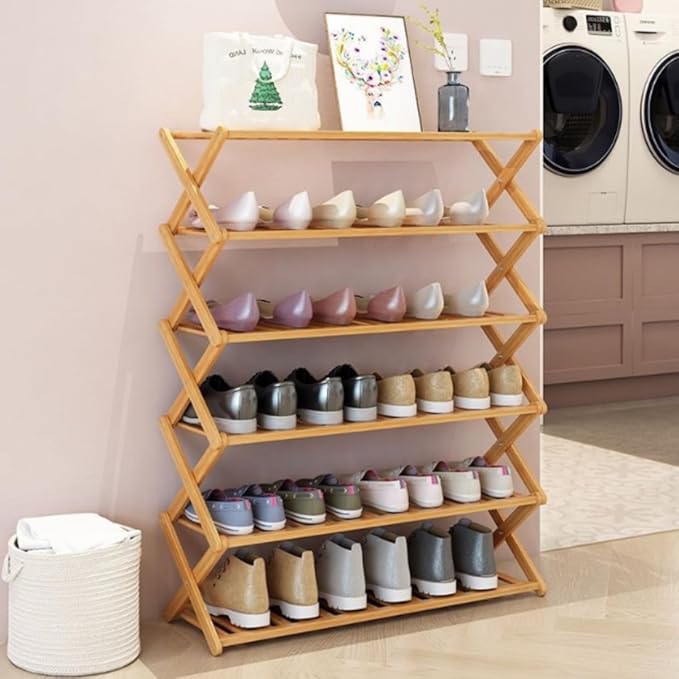 6 Tier Foldable Shoe Rack Organizer, Bamboo Shoe Rack Shoe Storage, Install Free Shoe Shelf for Entryway, Garage & Hallway