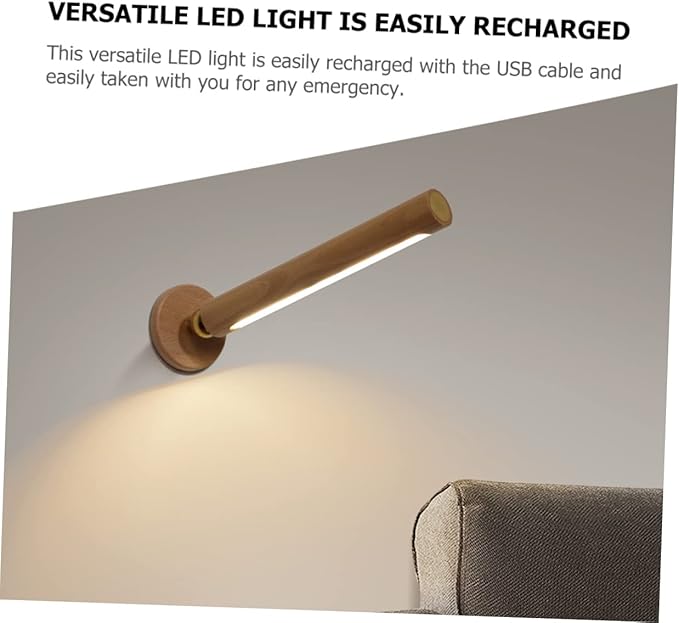 2pcs Rotatable Wooden Led Wall Lamp Magnetic USB Rechargeable Wall Sconces Battery Operated Led Night Light for Household (Beech Wood)
