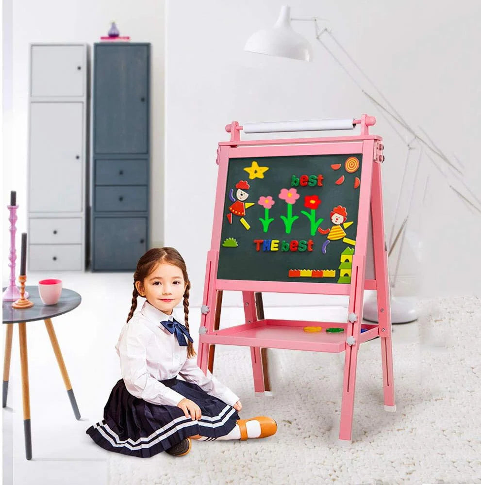 Easel for Kids, 3 in 1 Kids Easel Double-Sided Whiteboard & Chalkboard Drawing Board with Drawing Axis & Paper Roll, Numbers, Paint Cups for Toddlers and Kids (Pink)