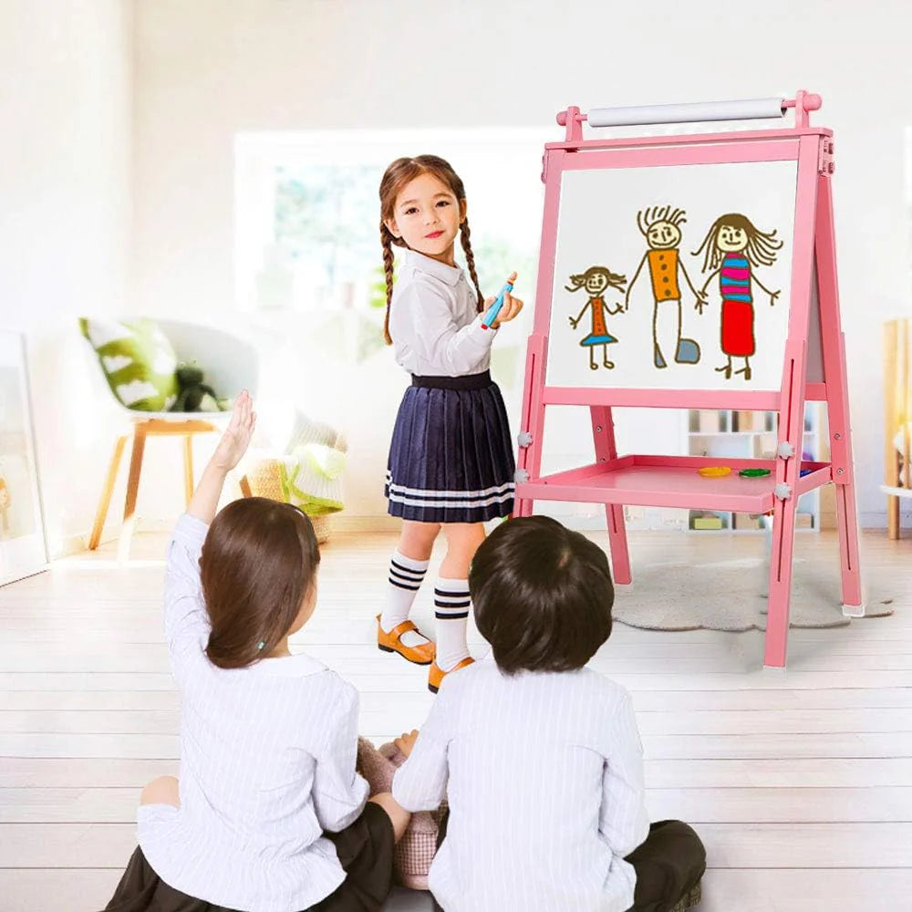 Easel for Kids, 3 in 1 Kids Easel Double-Sided Whiteboard & Chalkboard Drawing Board with Drawing Axis & Paper Roll, Numbers, Paint Cups for Toddlers and Kids (Pink)