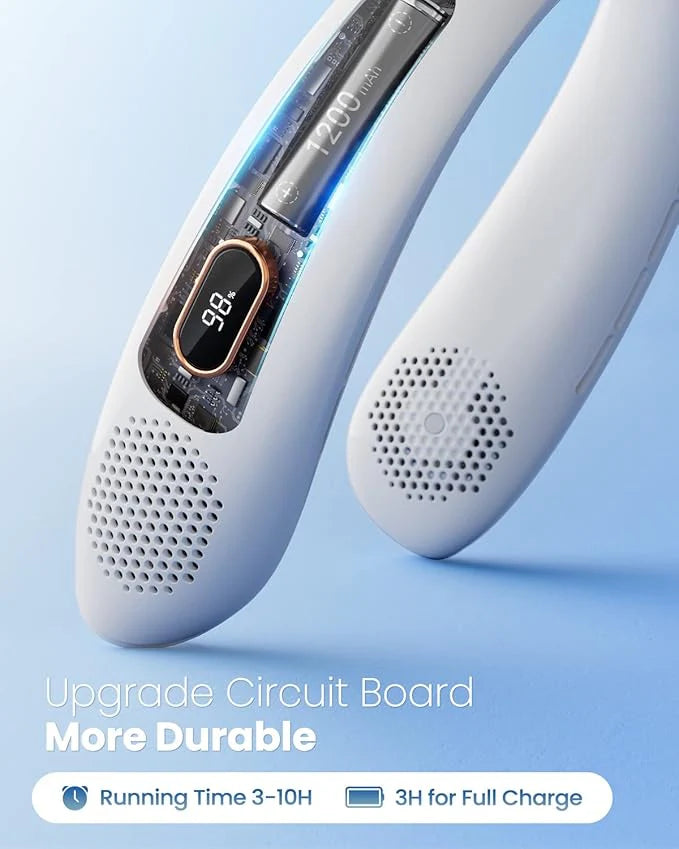 Portable Neck Fan with LED Display, 3 Speeds, 4000mAh Rechargeable Battery, Low Noise, Hands-Free Cooling for Travel, Work, Indoor & Outdoor (White)