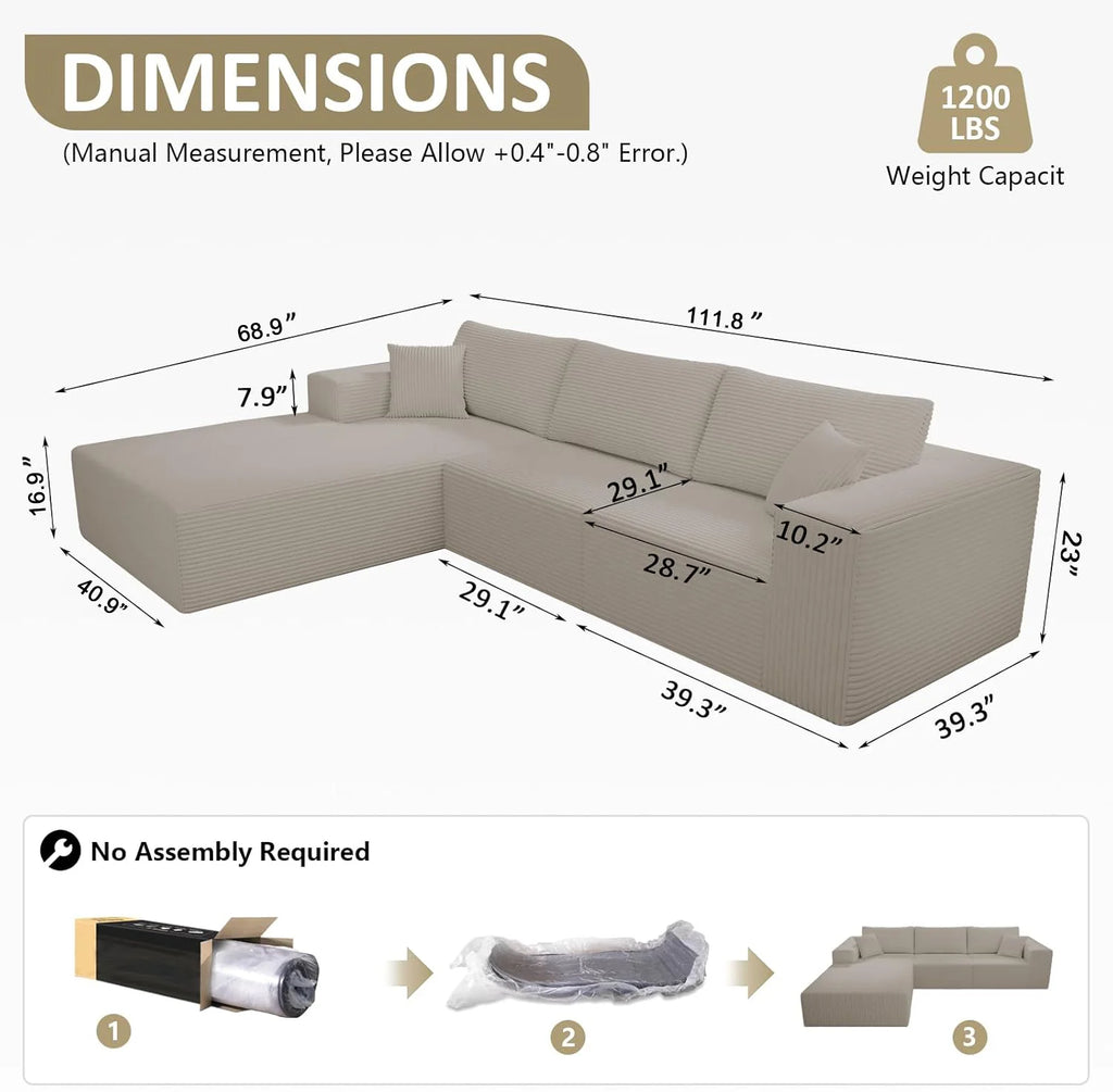 Teddy Compression Sofa Upholstered Velvet Chaise longue sofa For Four Person, High Rebound Density Sponge Sofa for Living Room, Bedroom, Apartment or Office, 284cm