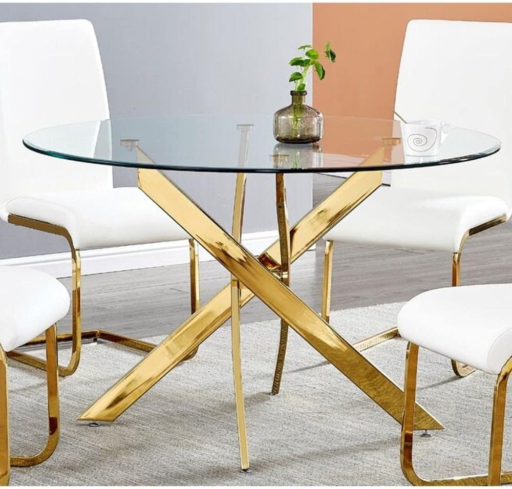 Modern Round Glass Dining Table with Gold Metal Star Base – Clear Tempered Top for Dining or Coffee Spaces, Ideal for 2–4 People