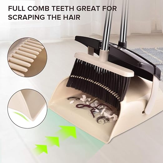 Mosuch Broom and Dustpan Set Extendable Long Handle Brooms Upright Standing Dustpans Lightweight Stainless Self-Clean Soft Broom Combo for Home Indoor Kitchen Lobby Office Living Room