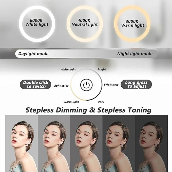 Modern Luxury Makeup Dresser with Cloud shape Mirror, 3 Drawer Glass Top Vanity Dresser and Stool with with 3 Color Tone Led Light for Bedroom or Living Room (Light Grey)